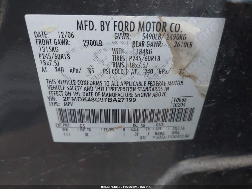 2007 Ford Edge Sel VIN: 2FMDK48C97BA27199 Lot: 43744385