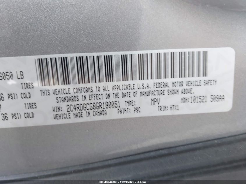 2016 Dodge Grand Caravan Sxt VIN: 2C4RDGCG8GR180051 Lot: 43744386