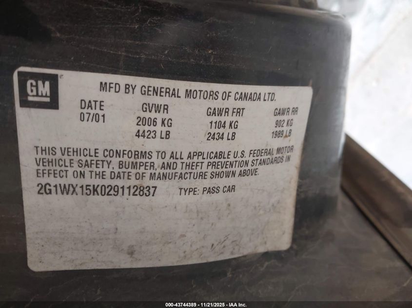 2002 Chevrolet Monte Carlo Ss VIN: 2G1WX15K029112837 Lot: 43744389