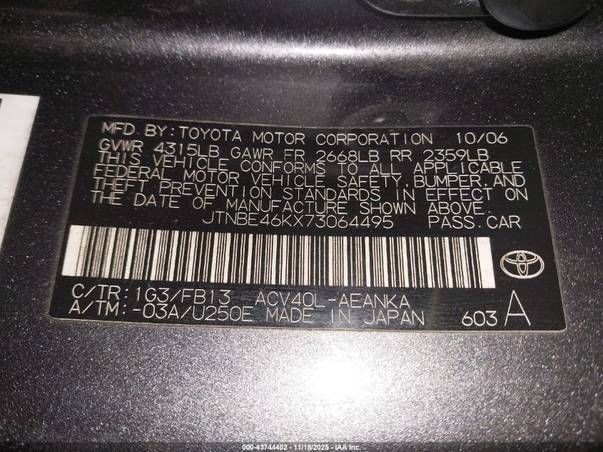 2007 Toyota Camry Le VIN: JTNBE46KX73064495 Lot: 43744402