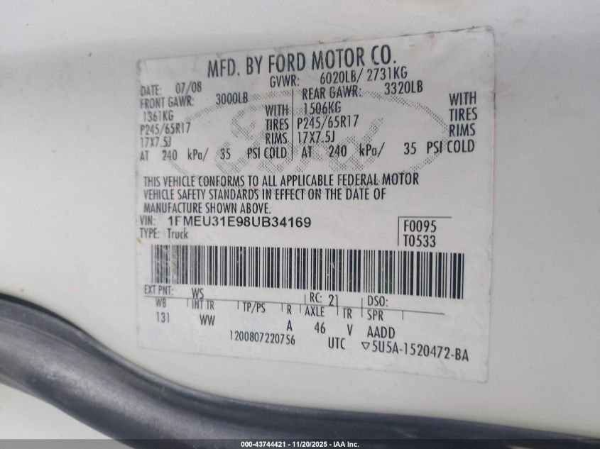 2008 Ford Explorer Sport Trac Xlt VIN: 1FMEU31E98UB34169 Lot: 43744421