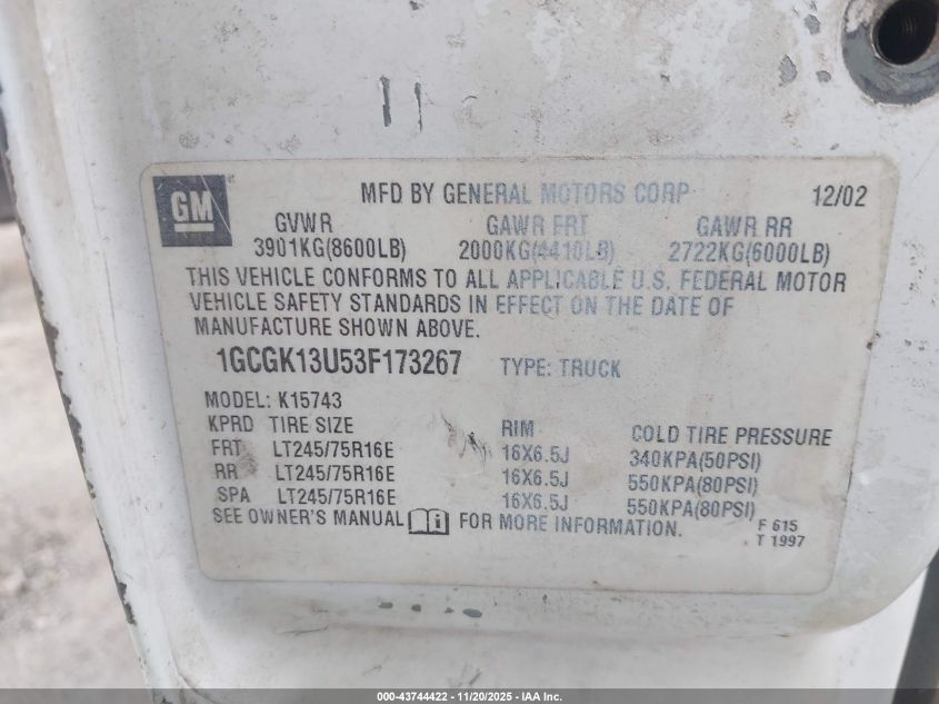 2003 Chevrolet Silverado 1500Hd Lt VIN: 1GCGK13U53F173267 Lot: 43744422