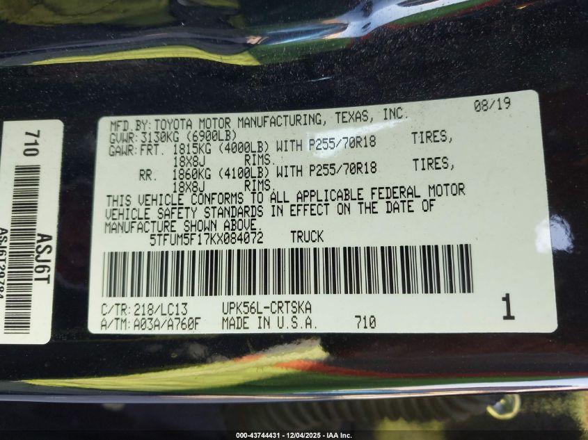 2019 Toyota Tundra Sr 4.6L V8 VIN: 5TFUM5F17KX084072 Lot: 43744431