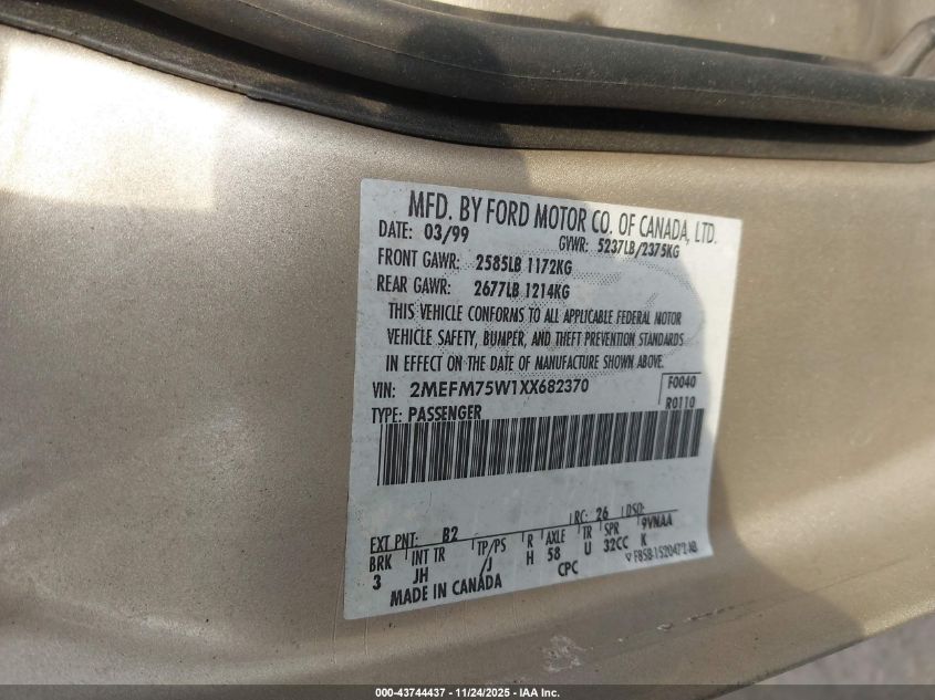 1999 Mercury Grand Marquis Ls VIN: 2MEFM75W1XX682370 Lot: 43744437