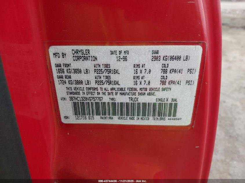1997 Dodge Ram 1500 St VIN: 3B7HC13Z0VG757767 Lot: 43744436
