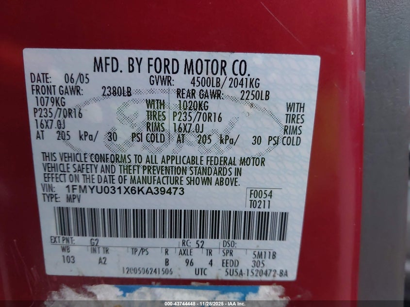 2006 Ford Escape Xlt/Xlt Sport VIN: 1FMYU031X6KA39473 Lot: 43744448