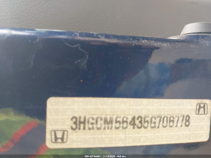 2005 Honda Accord 2.4 Lx VIN: 3HGCM56435G706778 Lot: 43744461