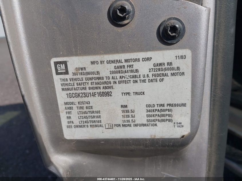 2004 Chevrolet Silverado 2500 Ls VIN: 1GCGK23U14F160992 Lot: 43744481