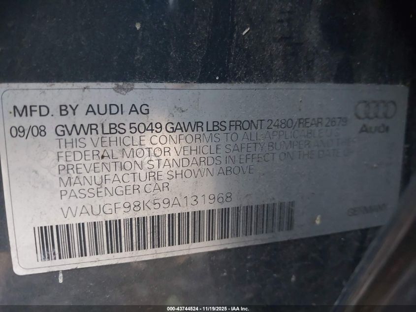 2009 Audi A4 2.0T Avant VIN: WAUGF98K59A131968 Lot: 43744524