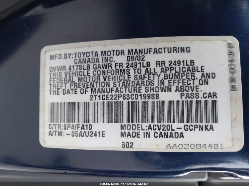 2003 Toyota Camry Solara Se VIN: 2T1CE22P63C019988 Lot: 43744533