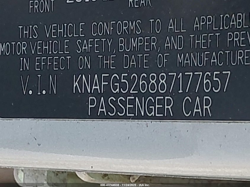 2008 Kia Rondo Lx V6 VIN: KNAFG526887177657 Lot: 43744538