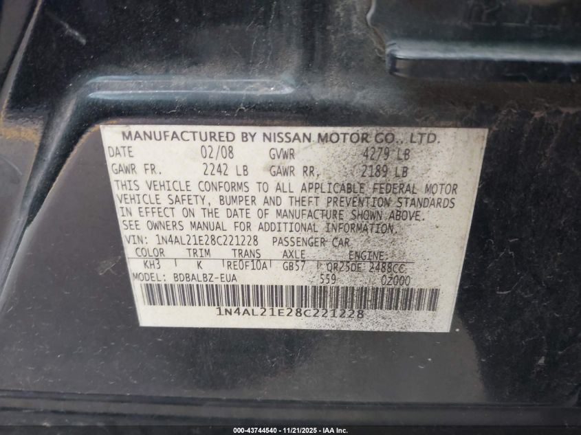 2008 Nissan Altima 2.5 S VIN: 1N4AL21E28C221228 Lot: 43744540