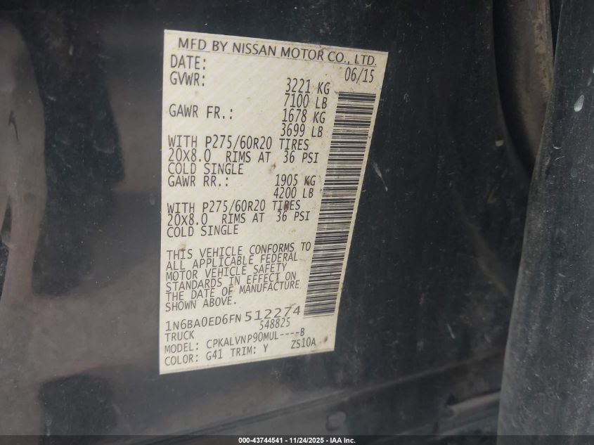 2015 Nissan Titan Sl VIN: 1N6BA0ED6FN512274 Lot: 43744541