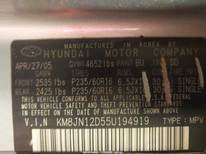 2005 Hyundai Tucson Gls/Lx VIN: KM8JN12D55U194919 Lot: 43744549