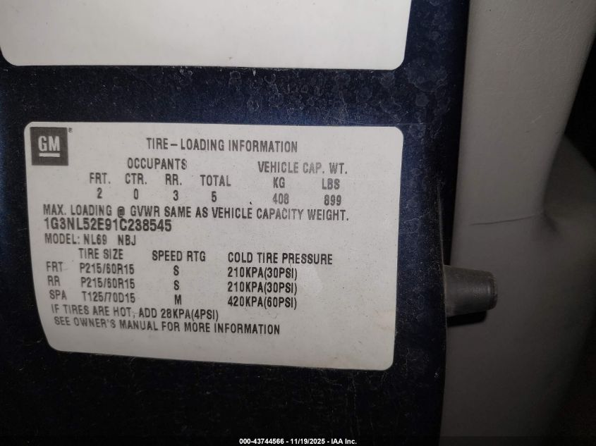 2001 Oldsmobile Alero Gl1 VIN: 1G3NL52E91C238545 Lot: 43744566