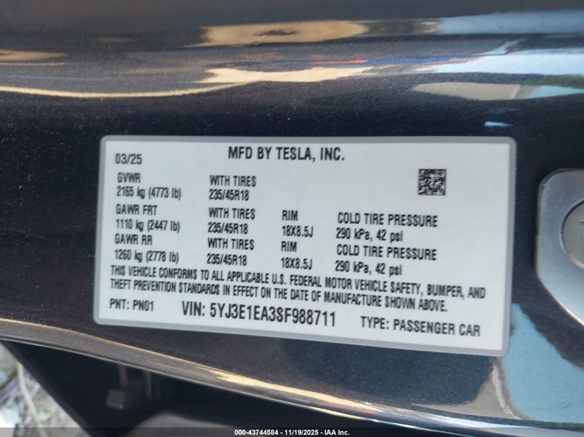 2025 Tesla Model 3 Long Range Rear-Wheel Drive/Standard VIN: 5YJ3E1EA3SF988711 Lot: 43744584