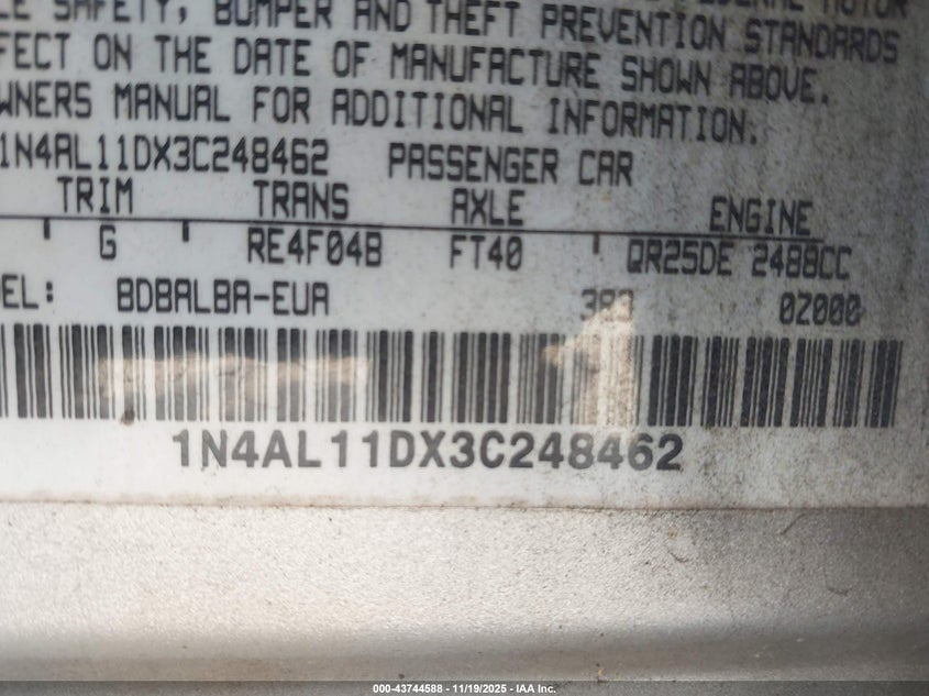 2003 Nissan Altima 2.5 S VIN: 1N4AL11DX3C248462 Lot: 43744588
