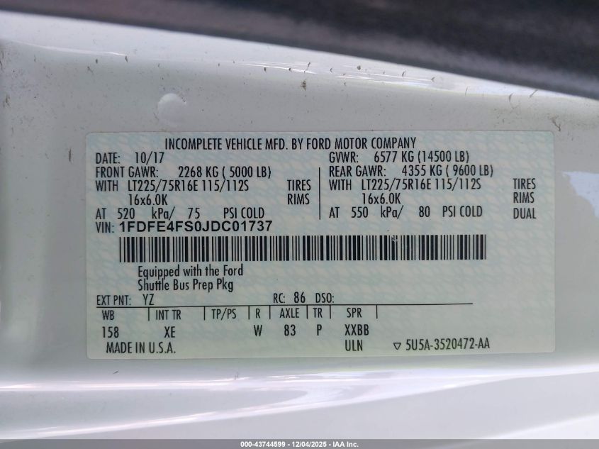 2018 Ford E-450 Cutaway VIN: 1FDFE4FS0JDC01737 Lot: 43744599