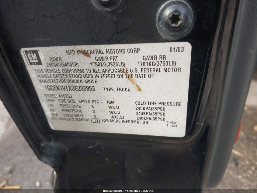 2003 Chevrolet Silverado 1500 Ls VIN: 1GCEK19TX3E233863 Lot: 43744604