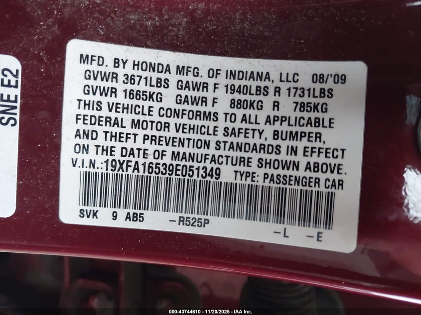 2009 Honda Civic Lx VIN: 19XFA16539E051349 Lot: 43744610
