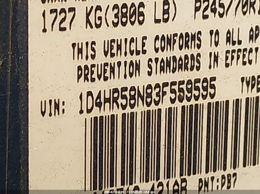 2003 Dodge Durango Slt Plus VIN: 1D4HR58N83F559595 Lot: 43744618