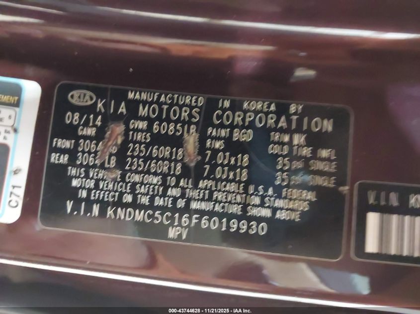 2015 Kia Sedona Sx VIN: KNDMC5C16F6019930 Lot: 43744628
