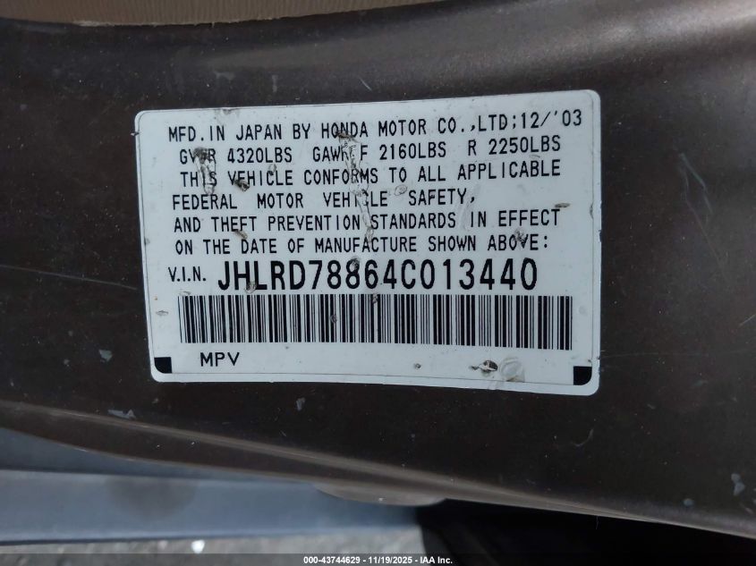 2004 Honda Cr-V Ex VIN: JHLRD78864C013440 Lot: 43744629