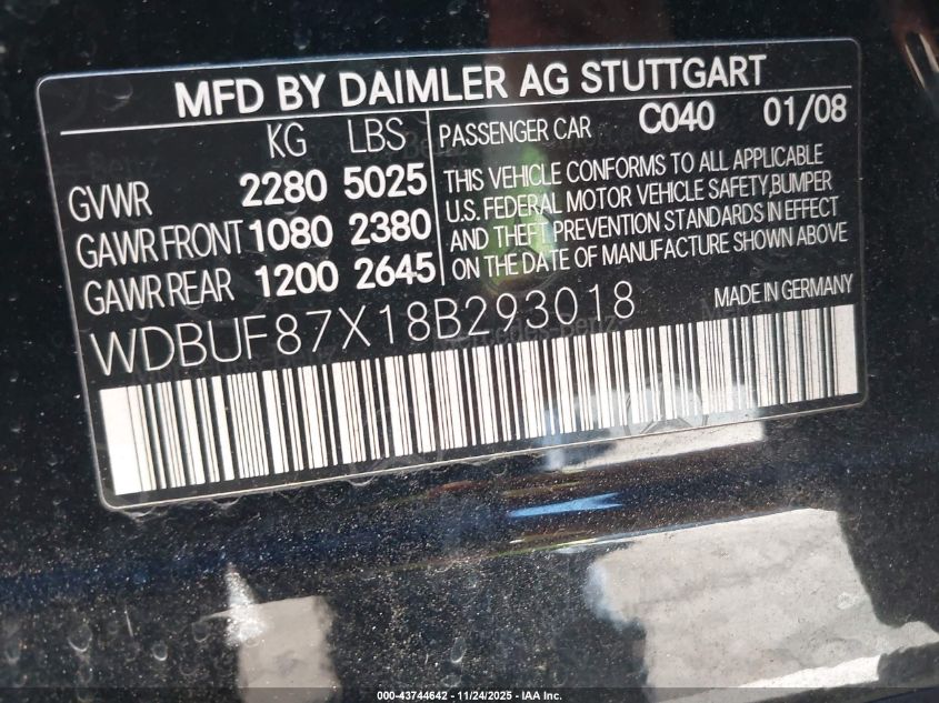 2008 Mercedes-Benz E 350 4Matic VIN: WDBUF87X18B293018 Lot: 43744642