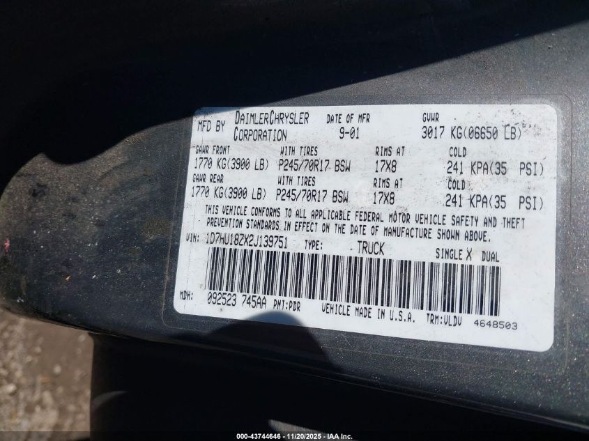 2002 Dodge Ram 1500 St VIN: 1D7HU18ZX2J139751 Lot: 43744646