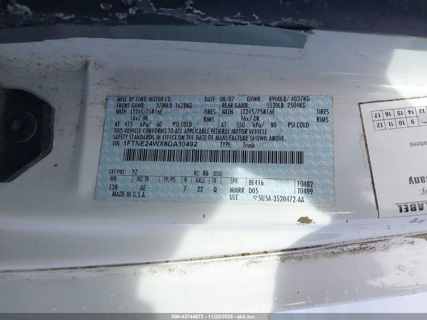 2008 Ford E-250 Commercial/Recreational VIN: 1FTNE24WX8DA10492 Lot: 43744673