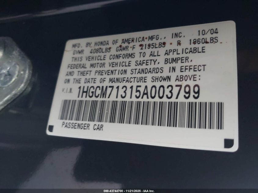 2005 Honda Accord 2.4 Lx VIN: 1HGCM71315A003799 Lot: 43744700
