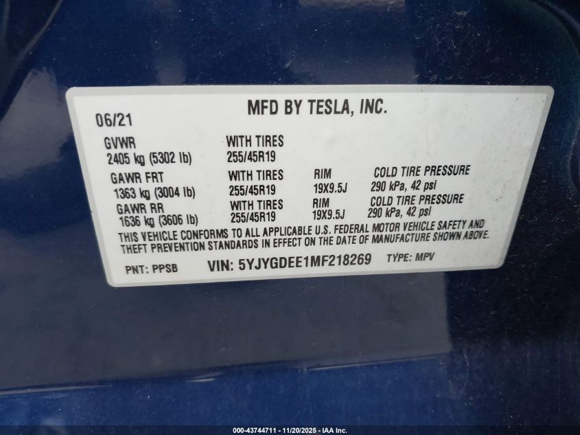 2021 Tesla Model Y Long Range Dual Motor All-Wheel Drive VIN: 5YJYGDEE1MF218269 Lot: 43744711