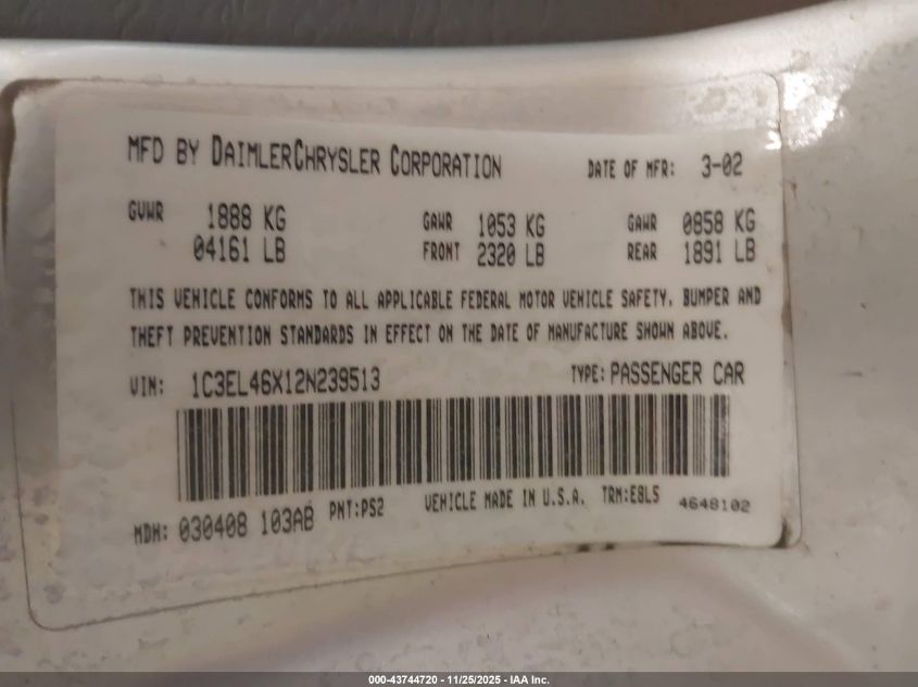2002 Chrysler Sebring Lx/Lx Plus VIN: 1C3EL46X12N239513 Lot: 43744720