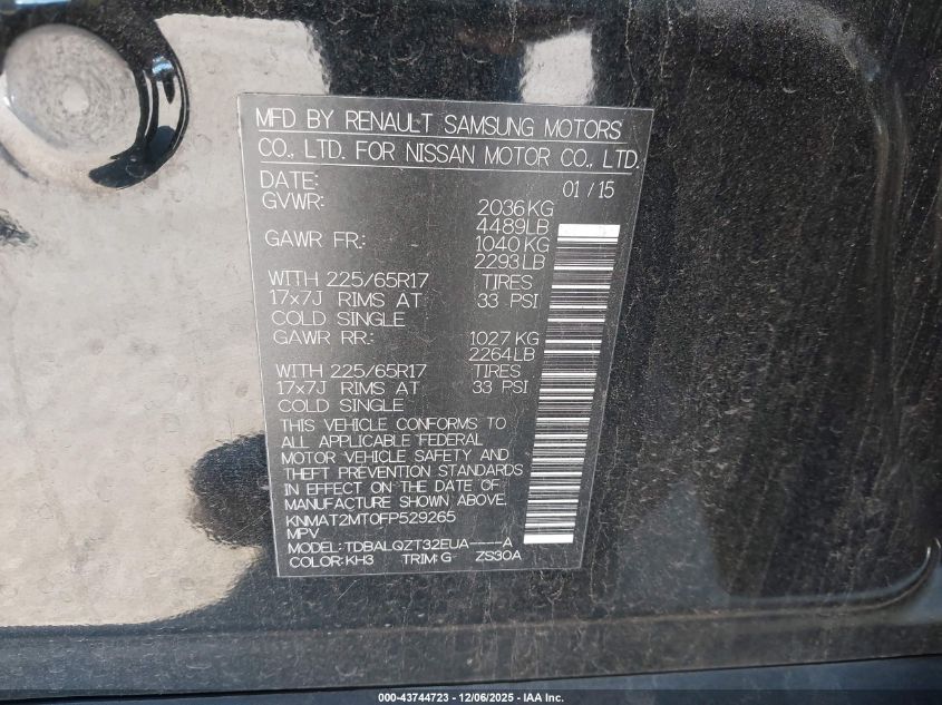 2015 Nissan Rogue Sv VIN: KNMAT2MT0FP529265 Lot: 43744723