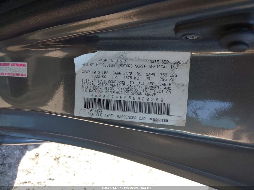 2005 Mitsubishi Eclipse Gts VIN: 4A3AC74H55E020269 Lot: 43744737