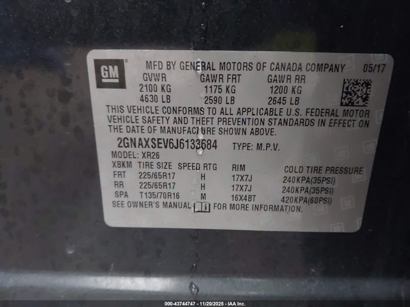 2018 Chevrolet Equinox Lt VIN: 2GNAXSEV6J6133684 Lot: 43744747