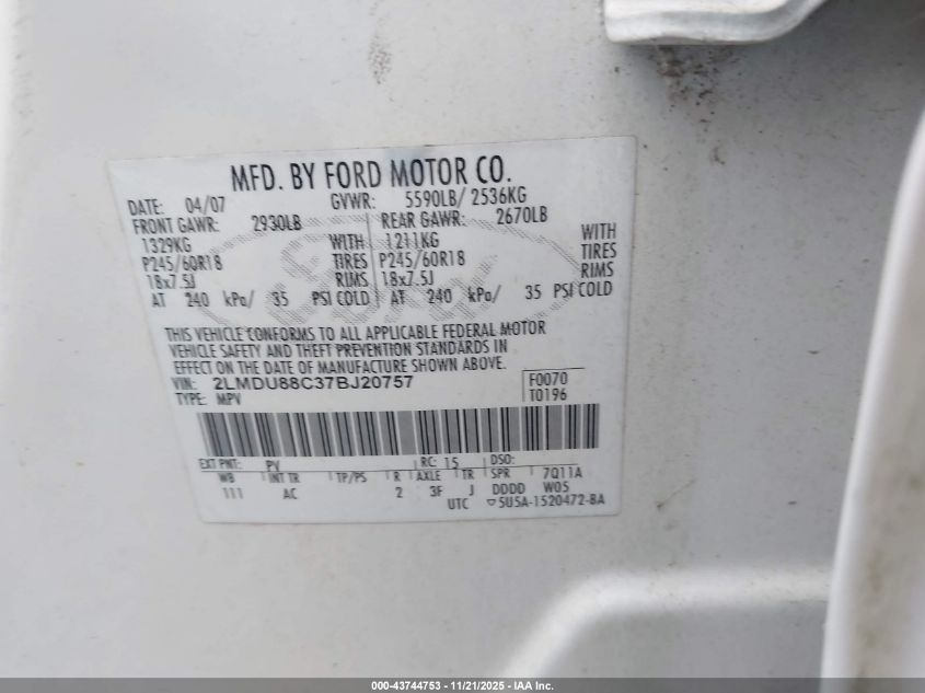 2007 Lincoln Mkx VIN: 2LMDU88C37BJ20757 Lot: 43744753