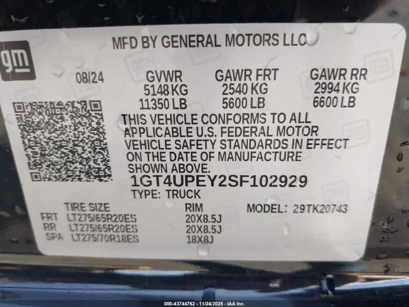 2025 GMC Sierra 2500Hd 4Wd Standard Bed At4 VIN: 1GT4UPEY2SF102929 Lot: 43744762