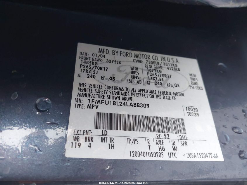 2004 Ford Expedition Eddie Bauer VIN: 1FMFU18L24LA88309 Lot: 43744771