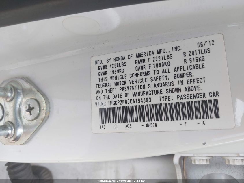 2012 Honda Accord 2.4 Se VIN: 1HGCP2F60CA194593 Lot: 43986017
