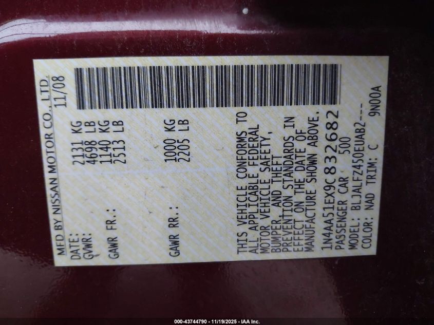 2009 Nissan Maxima 3.5 Sv VIN: 1N4AA51EX9C832682 Lot: 43744790