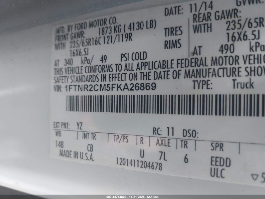 2015 Ford Transit-250 VIN: 1FTNR2CM5FKA26869 Lot: 43744800