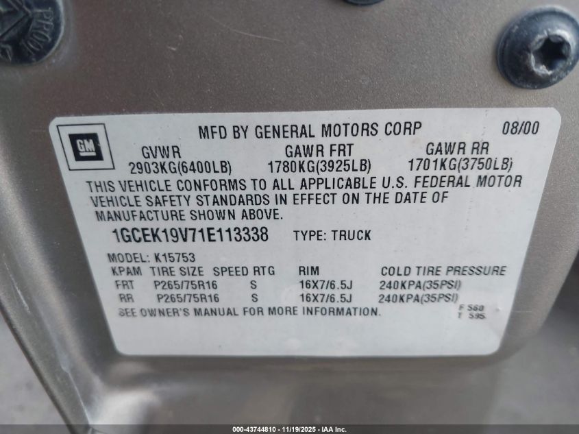 2001 Chevrolet Silverado 1500 Ls VIN: 1GCEK19V71E113338 Lot: 43744810