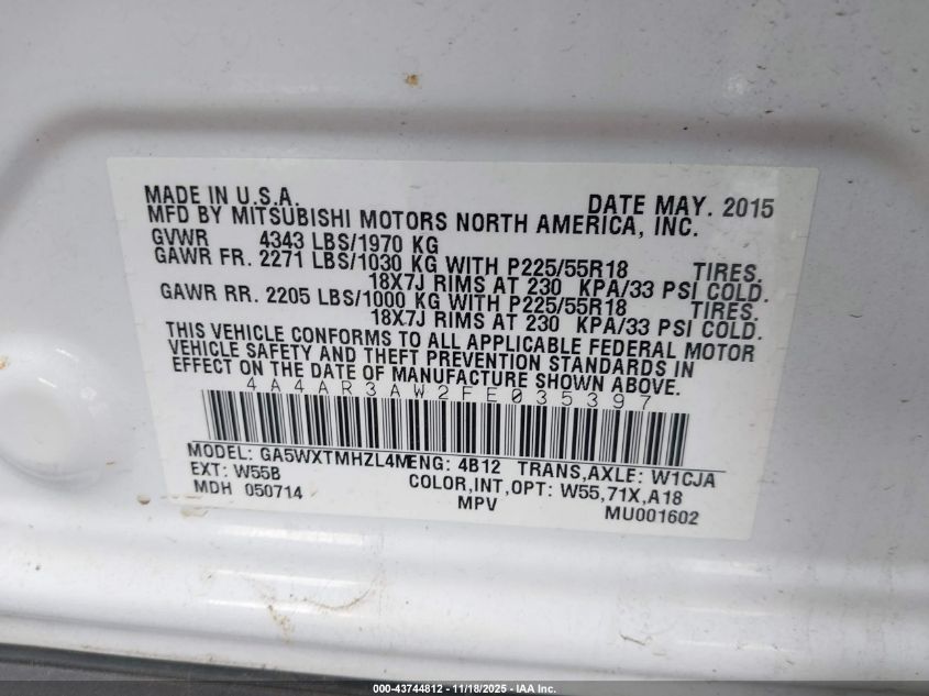 2015 Mitsubishi Outlander Sport Es VIN: 4A4AR3AW2FE035397 Lot: 43744812