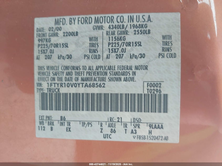 2000 Ford Ranger Xl/Xlt VIN: 1FTYR10V0YTA68562 Lot: 43744821