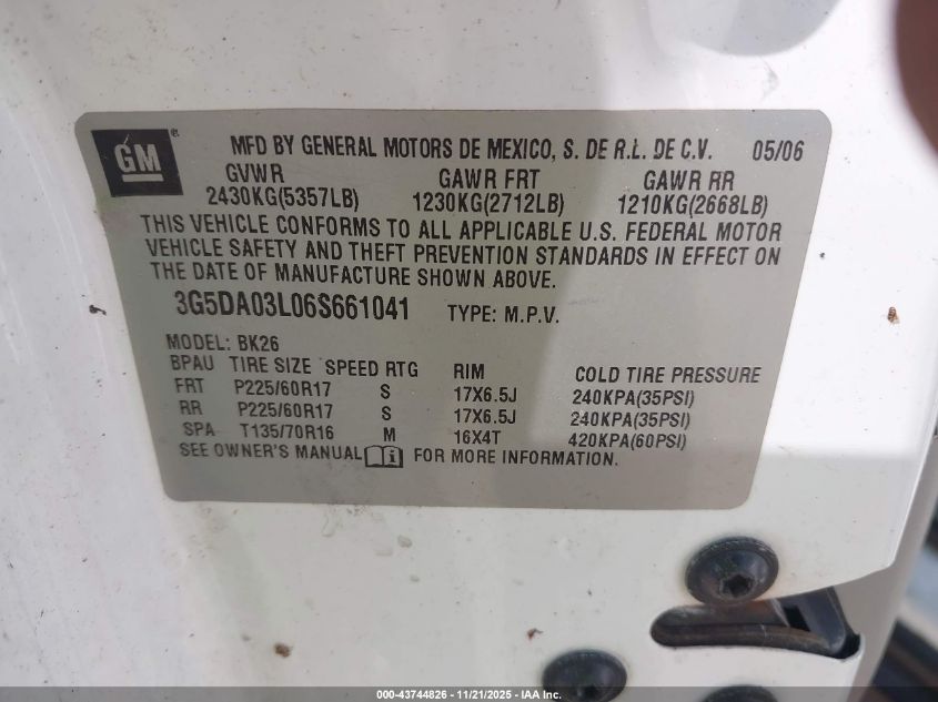 2006 Buick Rendezvous Cx VIN: 3G5DA03L06S661041 Lot: 43744826