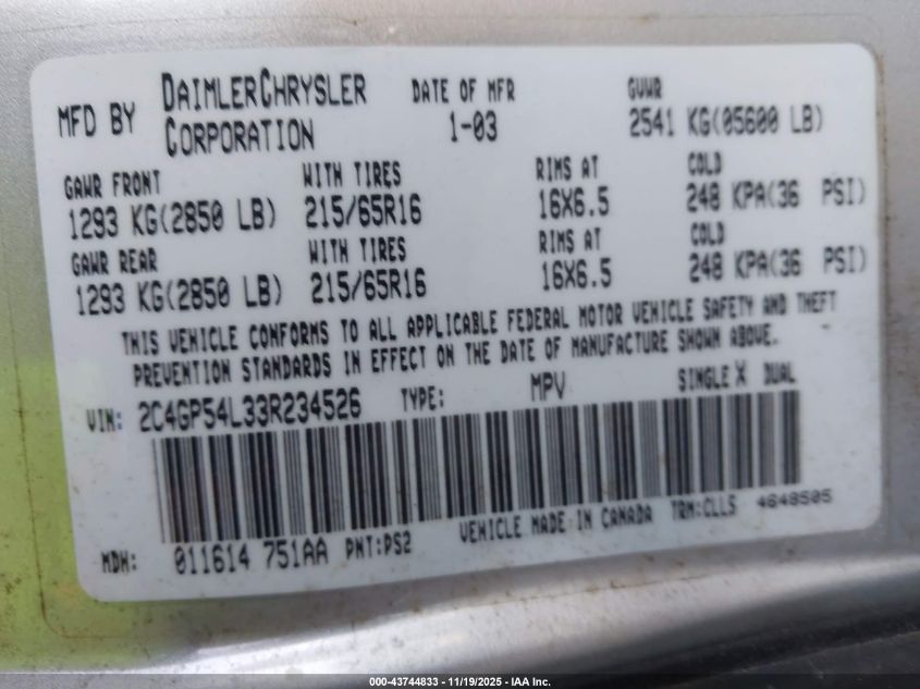 2003 Chrysler Town & Country Lxi VIN: 2C4GP54L33R234526 Lot: 43744833