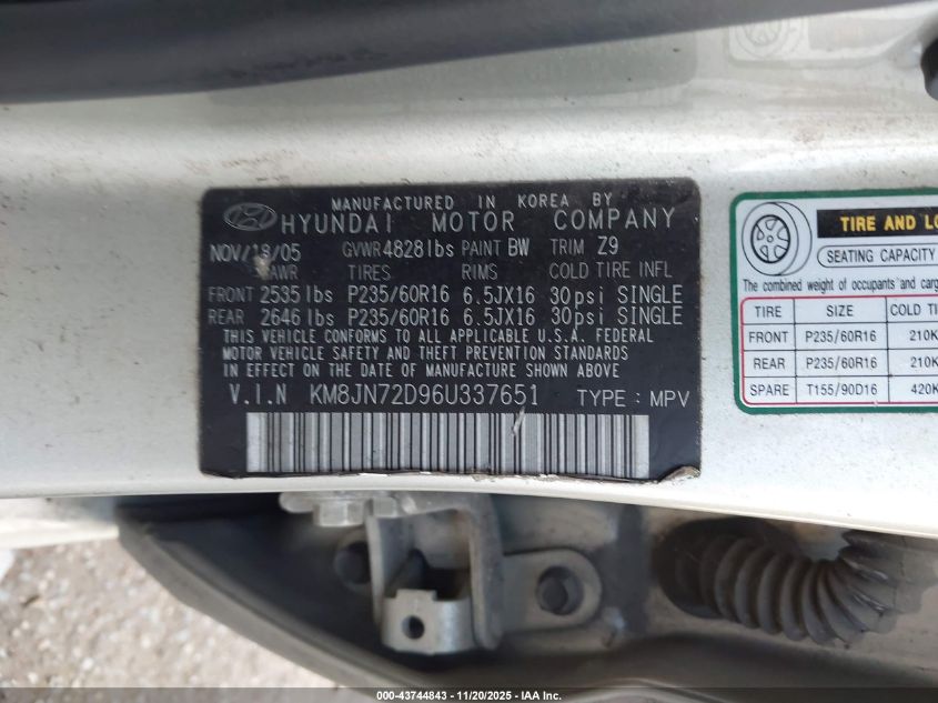 2006 Hyundai Tucson Gls/Limited VIN: KM8JN72D96U337651 Lot: 43744843