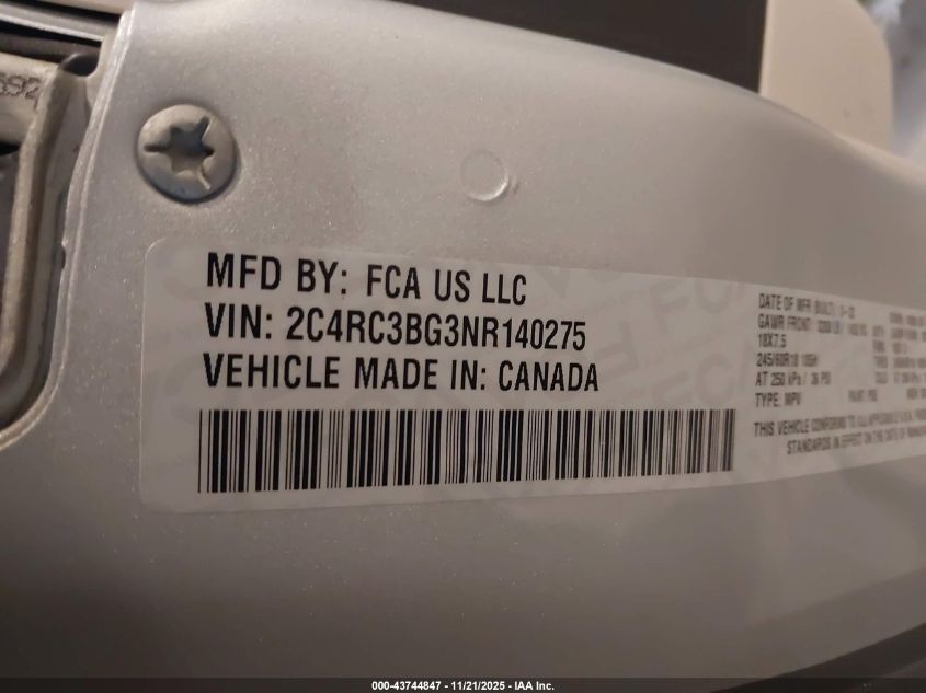 2022 Chrysler Pacifica Touring L Awd VIN: 2C4RC3BG3NR140275 Lot: 43744847