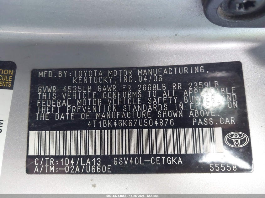 2007 Toyota Camry Xle V6 VIN: 4T1BK46K67U504876 Lot: 43744858